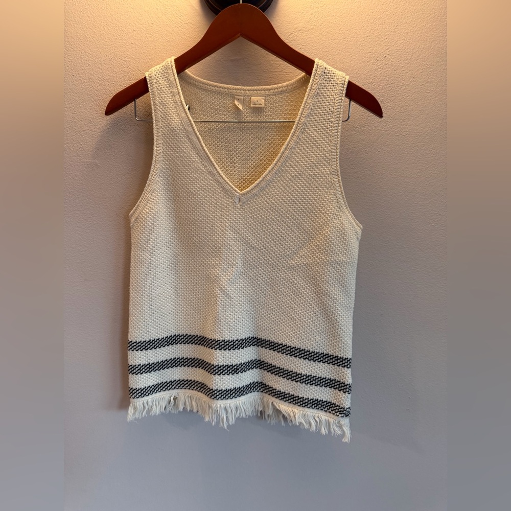 Anthropologie Moth Cream Striped Fringe Hem Sweater Vest V-Neck Sleeveless Small